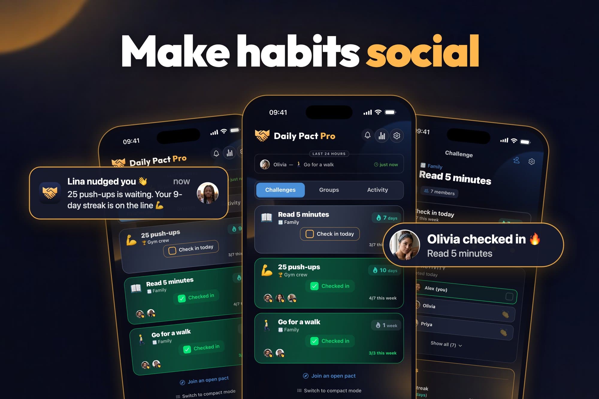 Daily Pact: friends' check-ins, nudges and streaks in the app