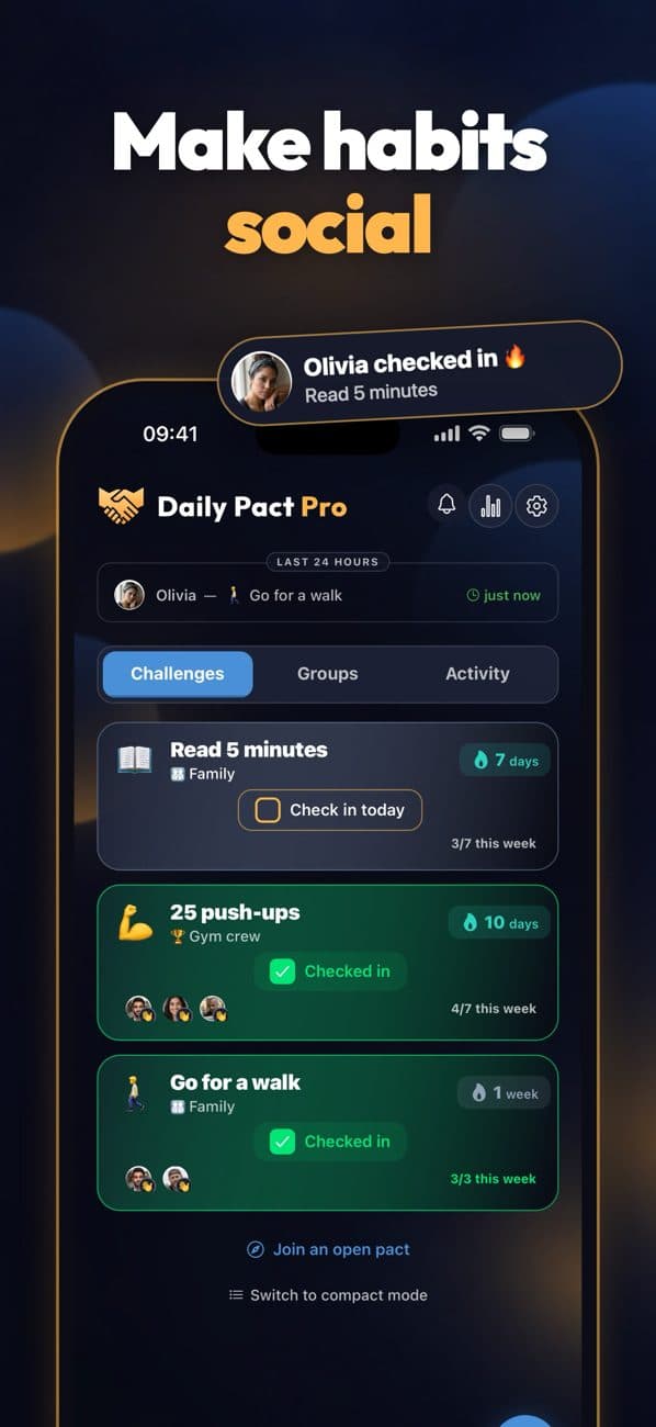 Daily Pact home with friends' check-ins on each habit
